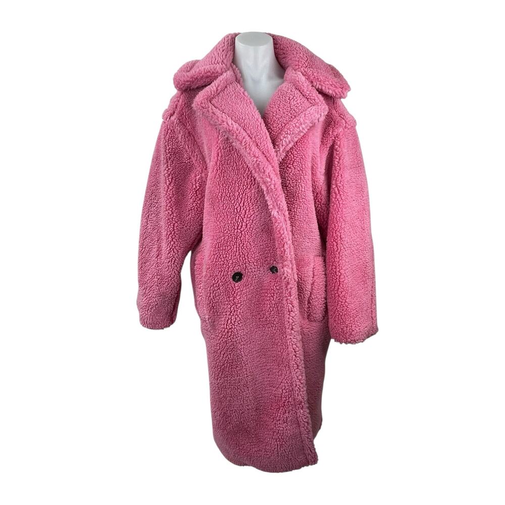 NEW Nasty Gal Pink Oversized Faux Fur Notched Collar Long Sleeve Coat Jacket M - Picture 1 of 5